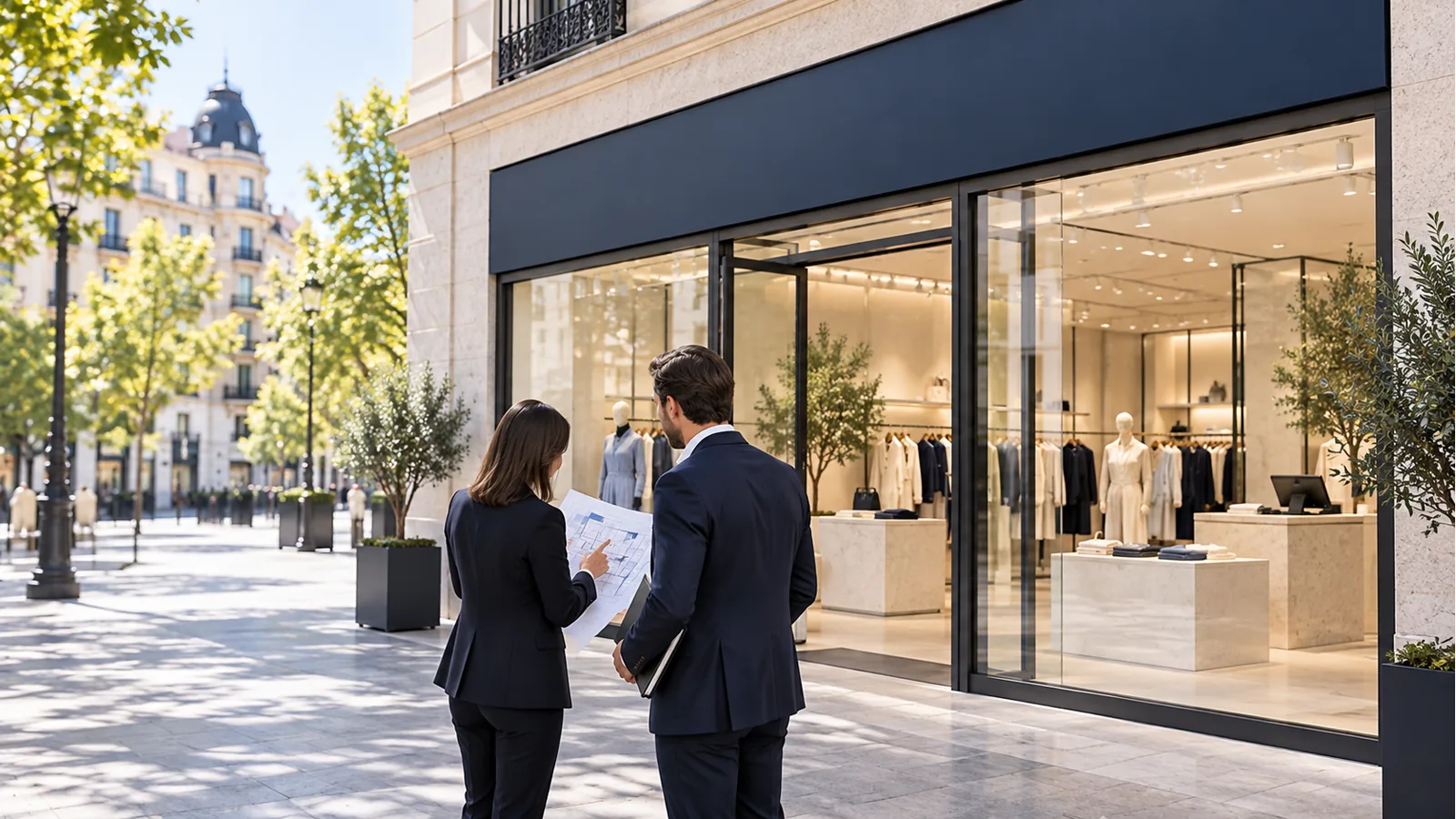 Profesionales analizando un local de moda para la expansión de una marca